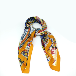 Yellow-edged imitation silk printed plaid square scarf